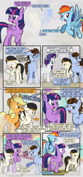 Size: 1920x4080 | Tagged: safe, artist:alexdti, imported from derpibooru, applejack, rainbow dash, rarity, twilight sparkle, oc, oc:malachi maker, oc:swan dive, alicorn, earth pony, pegasus, pony, unicorn, comic:misery loves company, blushing, comic, dialogue, ears back, earth pony oc, eye contact, female, flying, folded wings, freckles, frown, glasses, grin, gritted teeth, high res, hooves, horn, lidded eyes, looking at each other, looking at someone, looking back, male, mare, open mouth, open smile, pegasus oc, raised hoof, raised leg, shrunken pupils, smiling, speech bubble, spread wings, stallion, standing, tail, twilight sparkle (alicorn), vulgar, wall of tags, wings, yelling