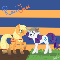 Size: 4000x4000 | Tagged: safe, artist:lostsheep, imported from derpibooru, applejack, rarity, earth pony, unicorn, dirt, female, hat, lesbian, magic, rarijack, ribbon, shipping, sweat