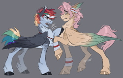 Size: 2121x1352 | Tagged: safe, artist:sannateacupss, imported from derpibooru, fluttershy, rainbow dash, pegasus, pony, alternate design, alternate hairstyle, coat markings, colored wings, hairband, hoof fluff, looking at each other, looking at someone, raised hoof, redesign, wings