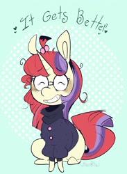 Size: 1691x2311 | Tagged: safe, artist:urbanqhoul, imported from derpibooru, moondancer, pony, unicorn, clothes, cute, dancerbetes, eyes closed, female, glasses, happy, mare, positive message, positive ponies, smiling, solo, sweater