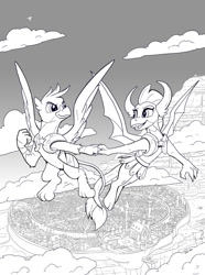 Size: 1485x2000 | Tagged: safe, artist:tsitra360, imported from derpibooru, gallus, smolder, dragon, airship, armor, armor skirt, black and white, canterlot, canterlot city, castle, detailed background, dragoness, female, flying, grayscale, intertwined tails, lineart, looking at each other, looking at someone, male, monochrome, mountain, older, older gallus, shipping, skirt, smollus, straight, tail, zeppelin