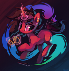 Size: 2390x2470 | Tagged: safe, artist:kaleido-art, artist:paintedkaleido, imported from derpibooru, oc, oc only, oc:rubellite, pony, unicorn, abstract background, commission, ear piercing, earring, female, goggles, high res, jewelry, mare, piercing, smiling, solo