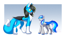 Size: 1240x700 | Tagged: safe, artist:scarlet-spectrum, imported from derpibooru, oc, oc only, oc:hawker hurricane, oc:thundy, pegasus, pony, coat markings, colored wings, long tail, looking at each other, looking at someone, male, multicolored wings, size difference, slim, smol, socks (coat markings), stallion, tail, unshorn fetlocks, wings