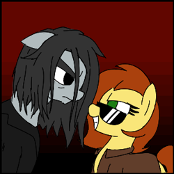 Size: 300x300 | Tagged: safe, artist:legendoflink, imported from derpibooru, oc, oc only, oc:not important, oc:postal mare, earth pony, pony, angry, clothes, female, gradient background, hatred, hatred (game), looking at each other, looking at someone, mare, ponified, postal, postal 2, postal dude, rule 63, sunglasses, trenchcoat
