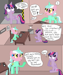 Size: 732x876 | Tagged: safe, artist:alyssafire, artist:nightshadowmlp, imported from derpibooru, lyra heartstrings, twilight sparkle, alicorn, pony, unicorn, comic:five am at pinkie's: the prequel, comic, five am at freddy's, five nights at freddy's, five nights at pinkie's, implied pinkie pie, mask, twilight sparkle (alicorn), wearing a mask