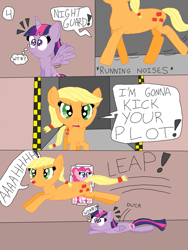 Size: 657x876 | Tagged: safe, artist:alyssafire, artist:nightshadowmlp, imported from derpibooru, applejack, pinkie pie, twilight sparkle, alicorn, earth pony, pony, comic:five am at pinkie's: the prequel, comic, hatless, missing accessory, twilight sparkle (alicorn)