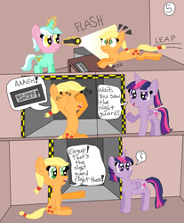 Size: 725x876 | Tagged: safe, artist:alyssafire, artist:nightshadowmlp, imported from derpibooru, applejack, lyra heartstrings, twilight sparkle, alicorn, earth pony, pony, unicorn, comic:five am at pinkie's: the prequel, buy some apples, comic, female, hatless, mare, missing accessory, twilight sparkle (alicorn)