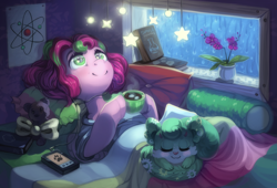 Size: 3000x2038 | Tagged: safe, artist:spirit-alu, imported from derpibooru, oc, oc only, oc:gadget, oc:precious metal, cat, earth pony, pony, bed, book, cassette player, eye reflection, flower, plushie, rain, reflection, window