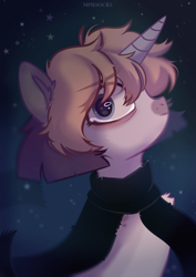 Size: 4961x7016 | Tagged: safe, artist:raily, imported from derpibooru, oc, pony, unicorn, bust, clothes, crying, night, portrait, scarf, solo, stars