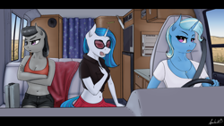 Size: 3840x2160 | Tagged: safe, artist:apocheck13, imported from derpibooru, dj pon-3, octavia melody, trixie, vinyl scratch, anthro, earth pony, unicorn, belly button, breasts, camper, car, cleavage, crossed arms, desert, driving, female, frown, high res, horn, midriff, open mouth, reasonably sized breasts, rv, sunglasses, trio, trio female, vixen 21 motorhome