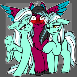 Size: 1896x1907 | Tagged: safe, artist:sexygoatgod, imported from derpibooru, lyra heartstrings, skyra, oc, oc:razzmatazz gleam, hybrid, pegasus, pony, unicorn, blushing, canon x oc, female, flirting, grin, lesbian, looking at each other, looking at someone, nervous, nervous grin, one eye closed, smiling, smirk, spread wings, trio, wingboner, wings, wink