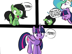 Size: 2732x2048 | Tagged: safe, artist:yidwags, derpibooru exclusive, imported from derpibooru, princess celestia, twilight sparkle, oc, oc:filly anon, alicorn, earth pony, pony, amused, comic, dialogue, eye clipping through hair, female, filly, foal, grumpy, hypocritical humor, mare, momlestia, mommy, open mouth, simple background, smiling, speech bubble, twilight sparkle (alicorn), white background