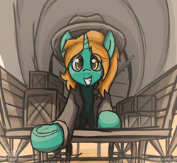 Size: 2226x2047 | Tagged: safe, artist:somber, imported from derpibooru, oc, oc only, oc:dust runner, clothes, duster, female, grin, hat, looking at you, mare, offscreen character, pov, smiling, solo, wagon