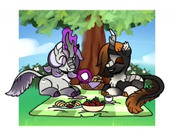 Size: 1512x1182 | Tagged: safe, artist:nynehells, imported from derpibooru, oc, oc only, kirin, food, kirin oc, picnic blanket, strawberry, tree