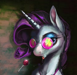 Size: 1459x1421 | Tagged: safe, artist:baccizoof, imported from derpibooru, rarity, pony, unicorn, brick wall, candy, drool, drool string, flash, food, glitter, lollipop, smug, solo, sunglasses, tongue out