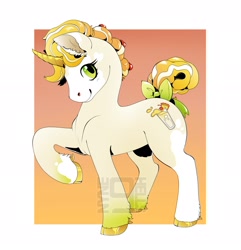 Size: 2105x2185 | Tagged: safe, artist:nynehells, imported from derpibooru, oc, oc only, pony, unicorn, bald face, blaze (coat marking), bow, cloven hooves, coat markings, colored hooves, curved horn, facial markings, gold hooves, gradient legs, hooves, horn, pinto, raised hoof, solo, tail, tail bow, watermark