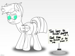 Size: 8764x6600 | Tagged: safe, artist:agkandphotomaker2000, imported from derpibooru, oc, oc:pony video maker, pegasus, pony, april fools, breaking the fourth wall, butt, dock, folded wings, lazy artist, monochrome, plot, raised eyebrow, sign, simple background, sketch, tail, wings, wip