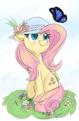 Size: 1791x2729 | Tagged: safe, artist:lbrcloud, imported from derpibooru, fluttershy, butterfly, pegasus, pony, blushing, cheek fluff, chest fluff, colored sketch, cottagecore, cute, female, floppy ears, flower, folded wings, grass, hat, high res, looking at something, looking up, mare, outdoors, raised hoof, shyabetes, sitting, sky background, smiling, solo, sun hat, turned head, wings