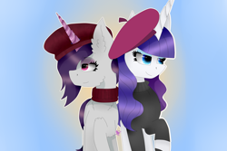 Size: 3000x2000 | Tagged: safe, artist:kathepart, imported from derpibooru, rarity, pony, unicorn, beatnik rarity, beret, clothes, duo, fanart, fashion, female, g4, g5, hat, mare, my little pony: a new generation, onyx, sweater