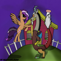 Size: 2506x2500 | Tagged: safe, artist:nguyendeliriam, imported from derpibooru, discord, oc, draconequus, pegasus, pony, canon x oc, discord's house, duo, fence, flying, high five, high res, house, looking at each other, looking at someone, open mouth, open smile, pegasus oc, shadow, signature, smiling, smiling at each other, spread wings, wings