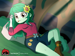 Size: 1000x750 | Tagged: safe, artist:thealjavis, imported from derpibooru, wallflower blush, human, equestria girls, boots, clothes, female, flower, flower in hair, freckles, shirt, shoes, shorts, solo, tongue out