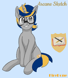 Size: 3960x4512 | Tagged: safe, artist:firepone, imported from derpibooru, oc, oc only, oc:arcane sketch, pony, unicorn, blue background, cute, glasses, male, reference, simple background, sitting, smiling, solo, stallion