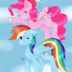 Size: 4000x4000 | Tagged: safe, artist:kathepart, imported from derpibooru, pinkie pie, rainbow dash, earth pony, pegasus, pony, balloon, chest fluff, cloud, duo, eyes closed, female, lesbian, pinkiedash, shipping, sky background, wings