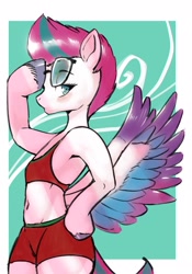 Size: 1431x2048 | Tagged: safe, artist:yajima, imported from derpibooru, zipp storm, pegasus, semi-anthro, bipedal, butt wings, clothes, female, g5, glasses, glasses off, looking at you, mare, solo, wings