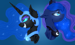 Size: 2500x1500 | Tagged: safe, artist:kathepart, imported from derpibooru, nightmare moon, princess luna, alicorn, pony, blue eyes, bust, cheek fluff, chest fluff, duality, ear fluff, floppy ears, sharp teeth, sparkles, teeth, wings