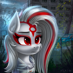 Size: 2000x2000 | Tagged: safe, artist:atlas-66, imported from derpibooru, oc, oc only, oc:sh4d, pony, car, chernobyl, clothes, female, ferris wheel, hoodie, ionizing radiation warning symbol, mare, pripyat, solo