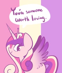 Size: 1280x1493 | Tagged: safe, artist:typhwosion, imported from derpibooru, princess cadance, alicorn, pony, colored wings, crown, female, horn, jewelry, looking at you, mare, positive ponies, profile, regalia, simple background, smiling, solo, speech bubble, spread wings, tiara, two toned wings, wings