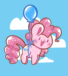 Size: 983x1101 | Tagged: safe, artist:typhwosion, imported from derpibooru, pinkie pie, earth pony, pony, :3, balloon, beady eyes, chibi, cloud, floating, flying, looking at you, sky background, smiling, solo, then watch her balloons lift her up to the sky