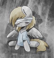 Size: 803x866 | Tagged: safe, artist:typhwosion, imported from derpibooru, derpy hooves, pegasus, pony, where the apple lies, bandage, clothes, female, hooves, hospital gown, mare, sad, sitting, solo, spread wings, wings