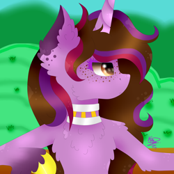 Size: 4000x4000 | Tagged: safe, artist:kathepart, imported from derpibooru, oc, oc only, oc:kathepaint, pony, unicorn, brown eyes, chest fluff, collar, female, freckles, hooves, horn, mare, purple, solo