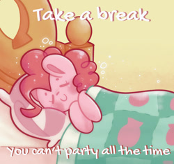 Size: 946x897 | Tagged: safe, artist:typhwosion, imported from derpibooru, pinkie pie, earth pony, pony, bed, eyes closed, go to sleep, positive ponies, sleeping, smiling, solo, text