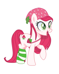 Size: 1947x2447 | Tagged: safe, artist:lavender-bases, artist:vernorexia, imported from derpibooru, earth pony, pony, bag, bangs, base used, beanie, blushing, clothes, colored pupils, crossover, female, food, freckles, fruit, g4, green eyes, hat, long hair, long mane, long tail, mare, open mouth, ponified, purse, raised hoof, red hair, simple background, socks, solo, strawberry, strawberry shortcake, strawberry shortcake (character), strawberry shortcake berry in the big city, striped socks, tail, transparent background