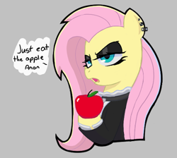 Size: 514x460 | Tagged: safe, artist:poncarnal, fluttershy, pony, aggie.io, apple, clothes, ear piercing, earring, female, food, frown, goth, implied anon, jewelry, mare, open mouth, piercing, simple background, talking