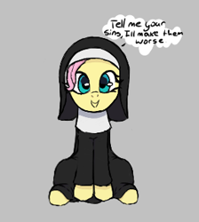 Size: 287x320 | Tagged: safe, fluttershy, pony, aggie.io, clothes, female, lowres, mare, nun, open mouth, simple background, sitting, smiling, talking, talking to viewer