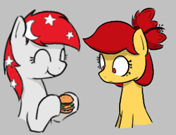 Size: 294x226 | Tagged: safe, oc, oc only, earth pony, pony, aggie.io, burger, eating, eyes closed, female, food, hamburger, jealous, lowres, mare, simple background, smiling