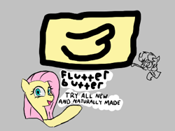 Size: 412x308 | Tagged: safe, artist:dotkwa, artist:poncarnal, fluttershy, oc, oc:dotmare, pony, advertisement, aggie.io, butter, female, food, licking, lowres, mare, open mouth, raised hoof, simple background, smiling, talking, tongue out