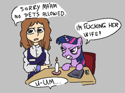 Size: 482x357 | Tagged: safe, edit, twilight sparkle, pony, unicorn, aggie.io, angry, candlestick, date, female, implied anon, mare, open mouth, simple background, table, talking, unicorn twilight, vulgar, waiter
