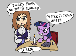 Size: 482x357 | Tagged: safe, twilight sparkle, pony, unicorn, aggie.io, angry, candlestick, date, female, implied anon, mare, open mouth, simple background, table, talking, unicorn twilight, vulgar, waiter