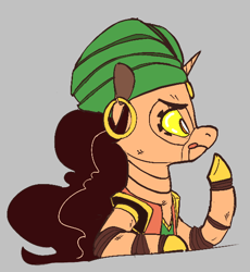 Size: 532x578 | Tagged: safe, artist:anontheanon, oc, oc only, oc:madame fortuna, pony, robot, unicorn, aggie.io, hat, raised hoof, simple background, thinking, tongue out, turban