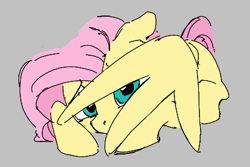 Size: 420x281 | Tagged: safe, fluttershy, pegasus, pony, aggie.io, female, hiding, lowres, lying down, mare, simple background, smiling