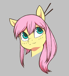 Size: 568x624 | Tagged: artist needed, safe, imported from derpibooru, fluttershy, pegasus, pony, aggie.io, alternate hairstyle, alternate mane style, bust, cute, female, gray background, hair accessory, looking up, mare, shyabetes, simple background, smiling, solo