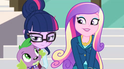 Size: 3410x1920 | Tagged: safe, imported from derpibooru, screencap, princess cadance, sci-twi, spike, spike the regular dog, twilight sparkle, dog, equestria girls, friendship games, blushing, canterlot high, dean cadance, female, glasses, high res, male, smiling, stairs, trio