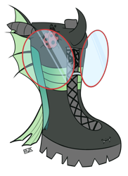 Size: 4000x5500 | Tagged: safe, artist:evan555alpha, imported from ponybooru, oc, oc only, oc:yvette (evan555alpha), changeling, boot, bootified, boots, changeling oc, cursed, cursed image, dorsal fin, evan's daily buggo, fangs, female, glasses, has science gone too far?, i regret everything, inanimate tf, ponybooru exclusive, round glasses, shoes, signature, simple background, smiling, solo, transformation, transparent background, what has science done