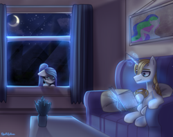 Size: 1920x1520 | Tagged: safe, artist:opal_radiance, imported from derpibooru, prince blueblood, oc, pegasus, pony, unicorn, blue, kidnapped, light, moon, night, rosamond, solo, spying, stare, window