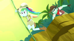 Size: 3410x1920 | Tagged: safe, imported from derpibooru, screencap, rainbow dash, slingshot (g4), eqg summertime shorts, equestria girls, leaping off the page, boots, clothes, cutie mark on clothes, duo, female, high res, male, shoes