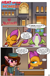Size: 2620x4000 | Tagged: safe, artist:tjpones, imported from derpibooru, smolder, spike, oc, dragon, earth pony, pony, comic:heat of the moment, bellhop, bellhop pony, comic, dialogue, dragoness, drink, drinking, female, hotel, luggage, mare, older, older spike, soda can, speech bubble, teenage spike, teenager